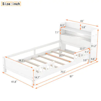 Wood Twin Size Platform Bed with Built-in LED Light, Storage Headboard, and Guardrail