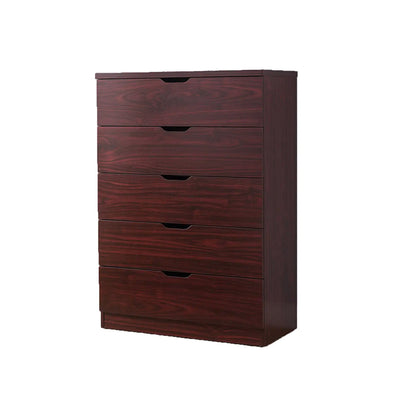 Cómoda de dormitorio de 5 cajones, cómoda con tiradores recortados, color caoba