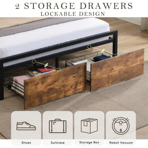 Queen Size Bed Frame With Storage Headboard And 2 Drawers, LED Lights Bed With Charging Station