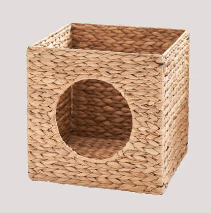 Water Hyacinth Woven Wicker Square Cat Bed Cave