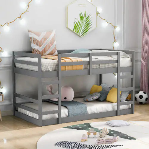 Twin Over Twin Bunk Bed With Ladder, Gray