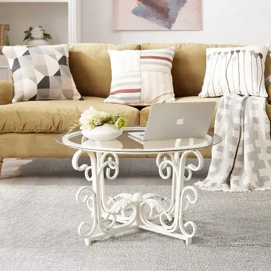 Round Tempered Glass Coffee Table,with Metal Leaf Shape Base,Leisure Cocktail Table With Tempered Glass Top For Living Room