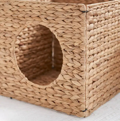 Water Hyacinth Woven Wicker Square Cat Bed Cave