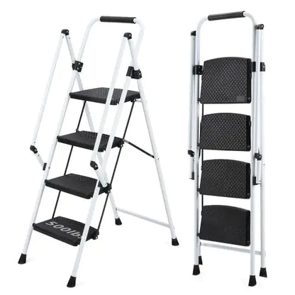 White Four-Step Ladder with Safety Handle and Anti-Skid Pedals