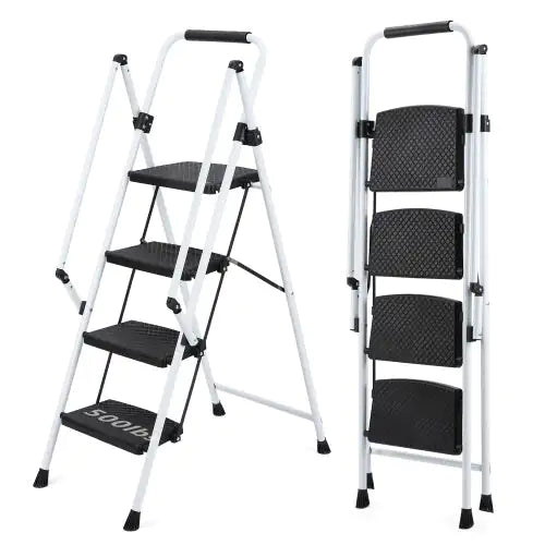 White Four-Step Ladder with Safety Handle and Anti-Skid Pedals