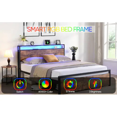 Queen Size Bed Frame With Storage Headboard And 2 Drawers, LED Lights Bed With Charging Station