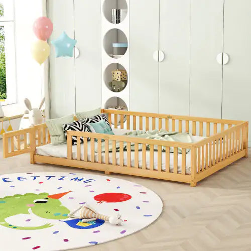 Queen Size Bed Floor Bed With Safety Guardrails And Door For Kids, Natural