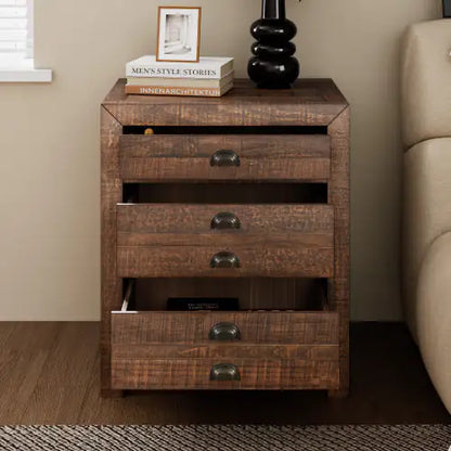 Rustic Farmhouse Style Three-Drawer Solid Pine Wood Nightstand