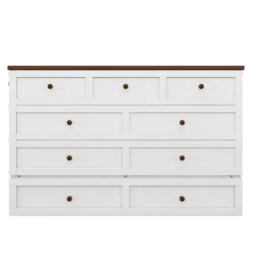 Solid Pine Murphy Bed Chest With Charging Station And Large Storage Drawer For Home Office Or Small Room , Queen, White Walnut