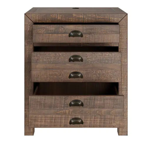 Rustic Farmhouse Style Three-Drawer Solid Pine Wood Nightstand With Cup Pulls And Integrated Charge Station