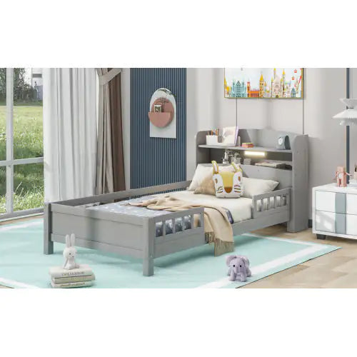 Twin Antique Grey LED Platform Bed with Storage