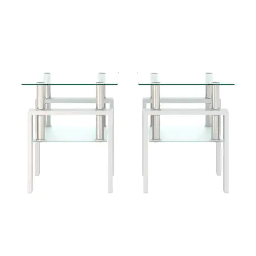 Set Of 2, Modern Tempered Glass Tea Table Coffee Table End Table, Square Table For Living Room, Transparent White