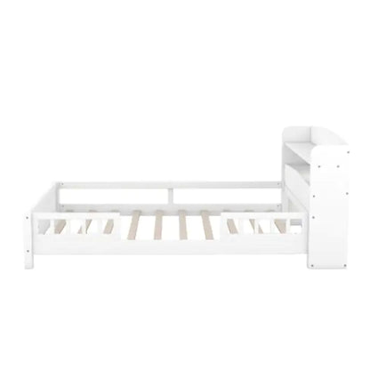 Wood Full Size Platform Bed with Built-in LED Light, Storage Headboard, and Guardrail