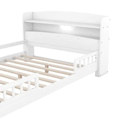 Wood Full Size Platform Bed with Built-in LED Light, Storage Headboard, and Guardrail