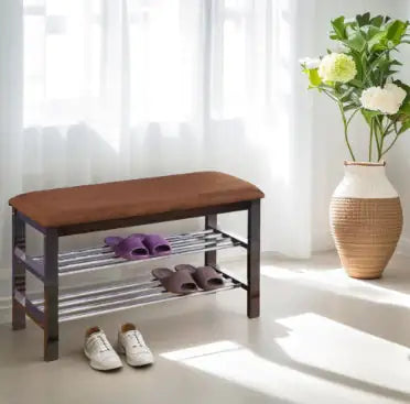 Banco de zapatos de madera con asiento de microfibra color chocolate