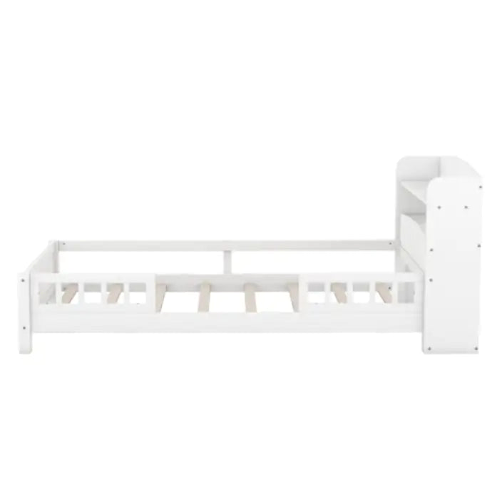 Wood Twin Size Platform Bed with Built-in LED Light, Storage Headboard, and Guardrail