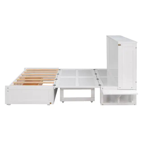 Queen Size Mobile Murphy Bed With Drawer And Little Shelves On Each Side,White