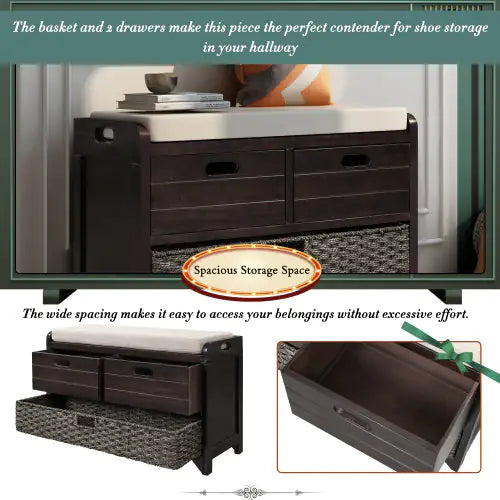 Espresso Storage Bench with Cushion & Drawers