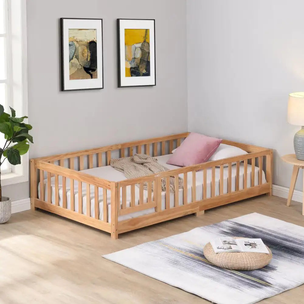 Child-Safe Twin Floor Bed with Door and Guardrails