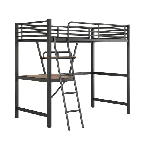 Twin Size Loft Metal&MDF Bed With Desk And Shelf, Black