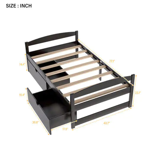 Twin Size Platform Bed, With Two Drawers, Espresso