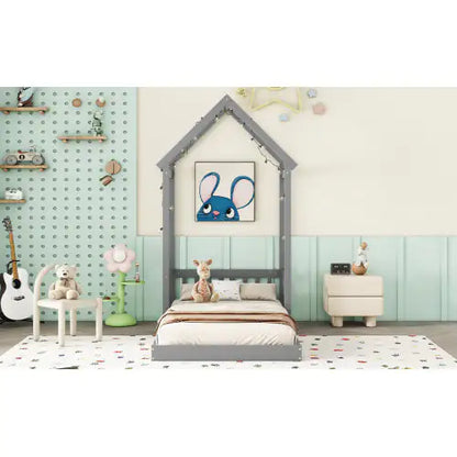Twin House-Shaped Roof Headboard Floor Bed