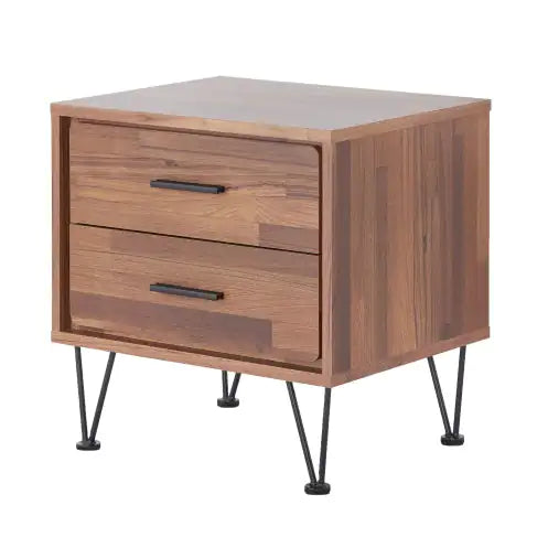 Mesa auxiliar de nogal con dos cajones y patas de horquilla
