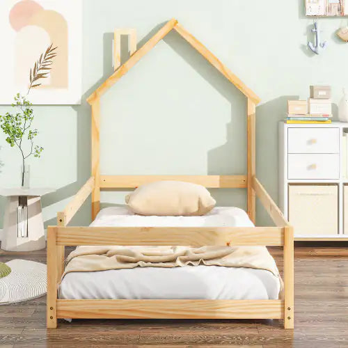 Twin Size Wood Bed With House-shaped Headboard Floor Bed With Fences,Natural