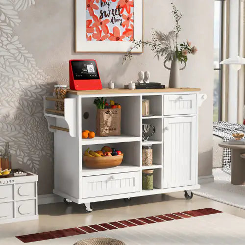 Carrito de cocina con isla y armario de almacenamiento y dos ruedas con bloqueo
