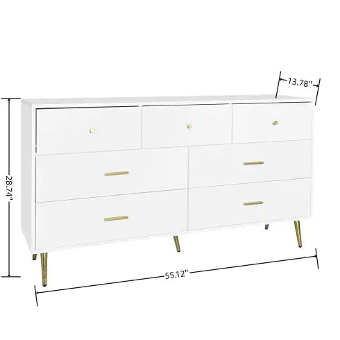 Seven Drawers Large Chest Of Drawer Cabinet With Golden Handle And Golden Legs White Color