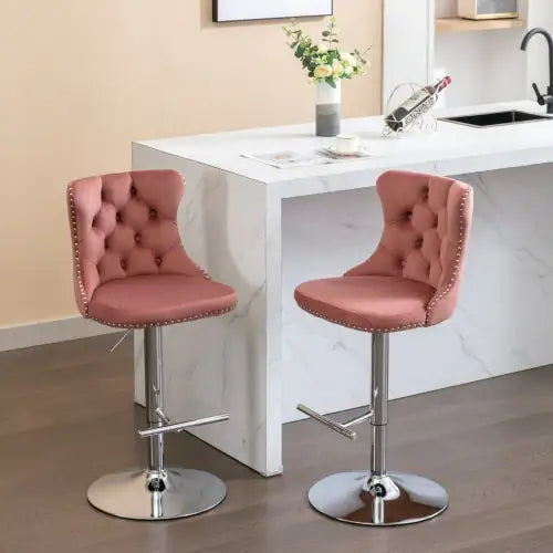 Swivel Velvet Barstools Adjusatble Seat Height From 25-33 Inch Pink,Set Of 2