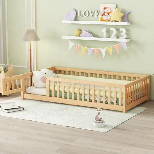 Kids Twin Safety Guardrail Bed with Door, Natural