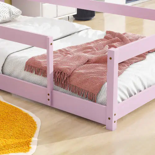 Twin Size Wood Bed With House-shaped Headboard Floor Bed With Fences,Pink