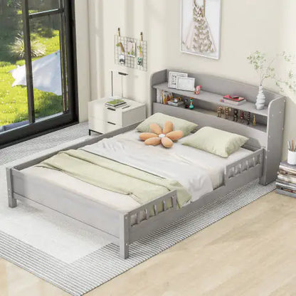 Wood Full-Size Platform Bed with Built-in LED Light, Storage Headboard, and Guardrail