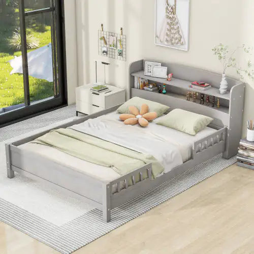 Wood Full-Size Platform Bed with Built-in LED Light, Storage Headboard, and Guardrail