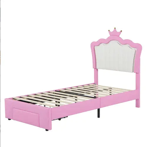 Twin LED Crown Headboard Bed with Storage Drawer