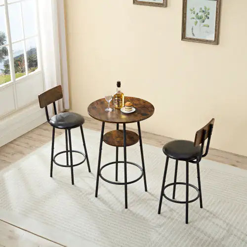 Three-Piece Round Dining Table Set with Storage & Upholstered Bar Chairs
