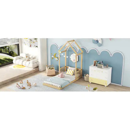 Twin House-shaped Roof Headboard Floor Bed