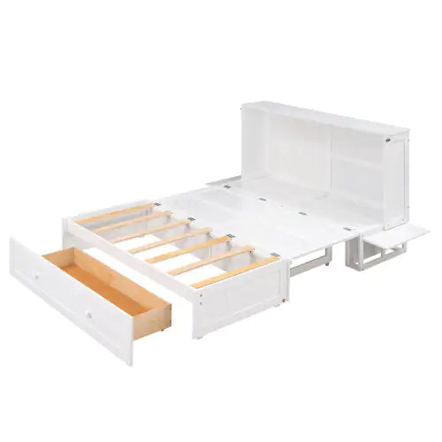 Queen Size Mobile Murphy Bed With Drawer And Little Shelves On Each Side,White