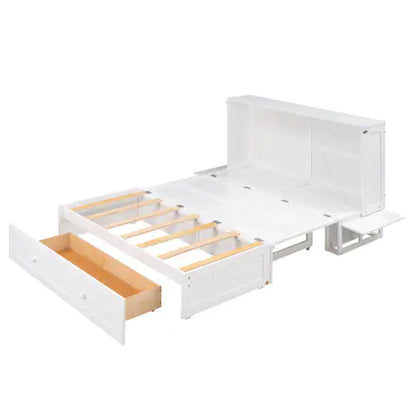Queen Size Mobile Murphy Bed With Drawer And Little Shelves On Each Side