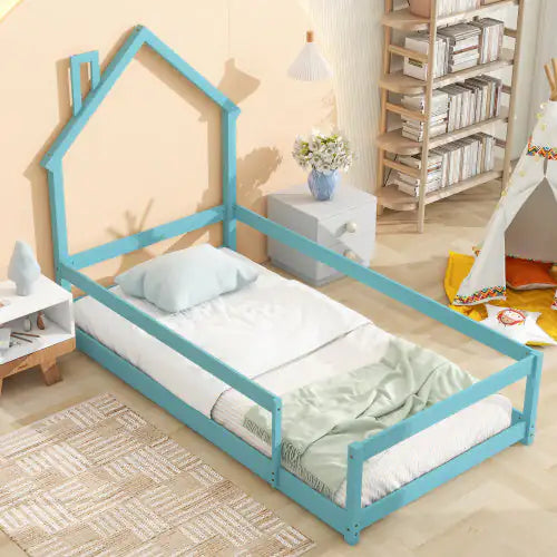 Twin Size Wood Bed With House-shaped Headboard Floor Bed With Fences,Light Blue