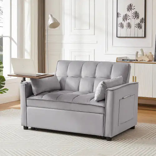 Grey Velvet Loveseat Sleeper Sofa Bed with Side Table