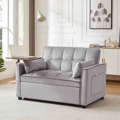 Grey Velvet Loveseat Sleeper Sofa Bed with Side Table