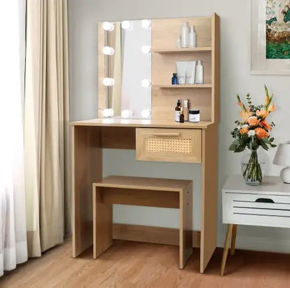 Vanity Desk Set with LED Lighting Mirror, Stool & Drawers