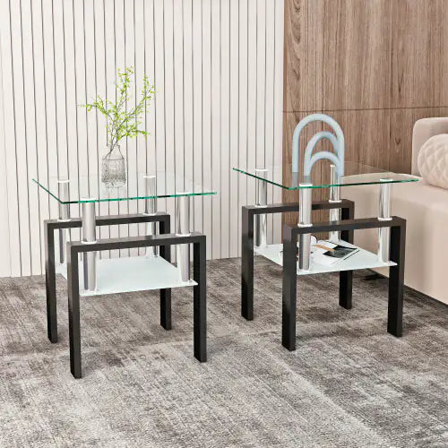 Set Of 2, Modern Tempered Glass Tea Table Coffee Table End Table, Square Table For Living Room, Transparent Black