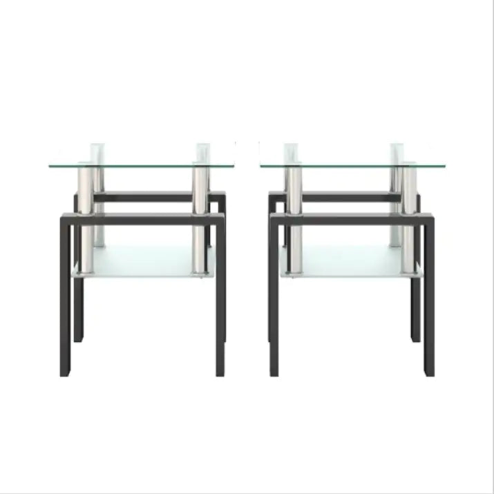 Set Of 2, Modern Tempered Glass Tea Table Coffee Table End Table, Square Table For Living Room, Transparent Black